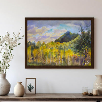 This watercolor painting captures a serene landscape with a mountain rising in the distance, framed… for living room