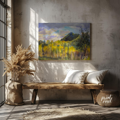 This watercolor painting captures a serene landscape with a mountain rising in the distance, framed… for living room