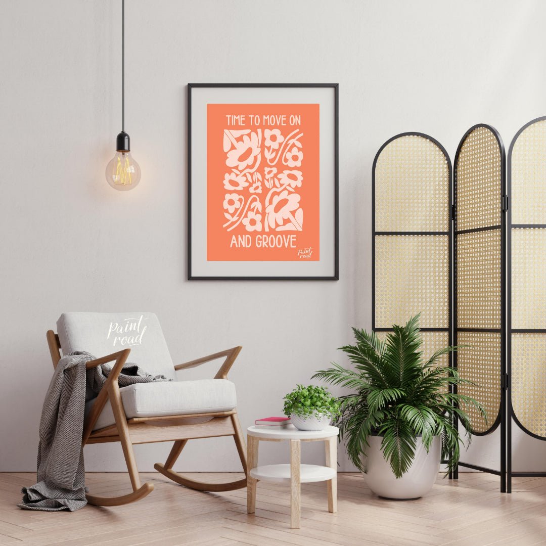 This cheerful and abstract floral print features the uplifting message “TIME TO MOVE ON AND GROOVE”… for living room