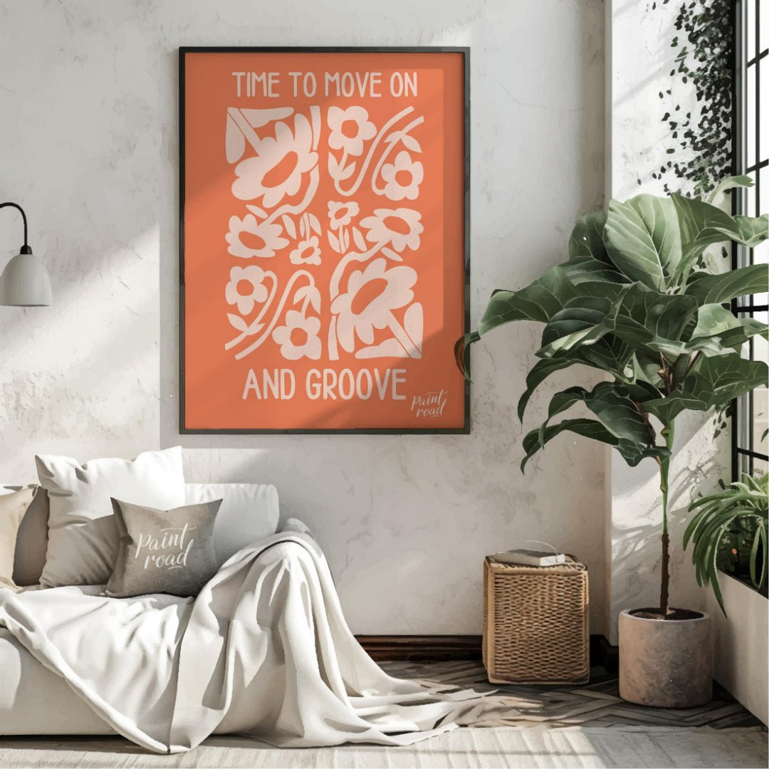 This cheerful and abstract floral print features the uplifting message “TIME TO MOVE ON AND GROOVE”… for living room