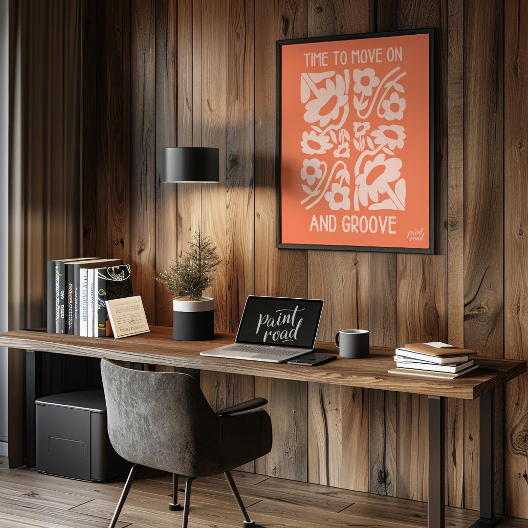 This cheerful and abstract floral print features the uplifting message “TIME TO MOVE ON AND GROOVE”… for office