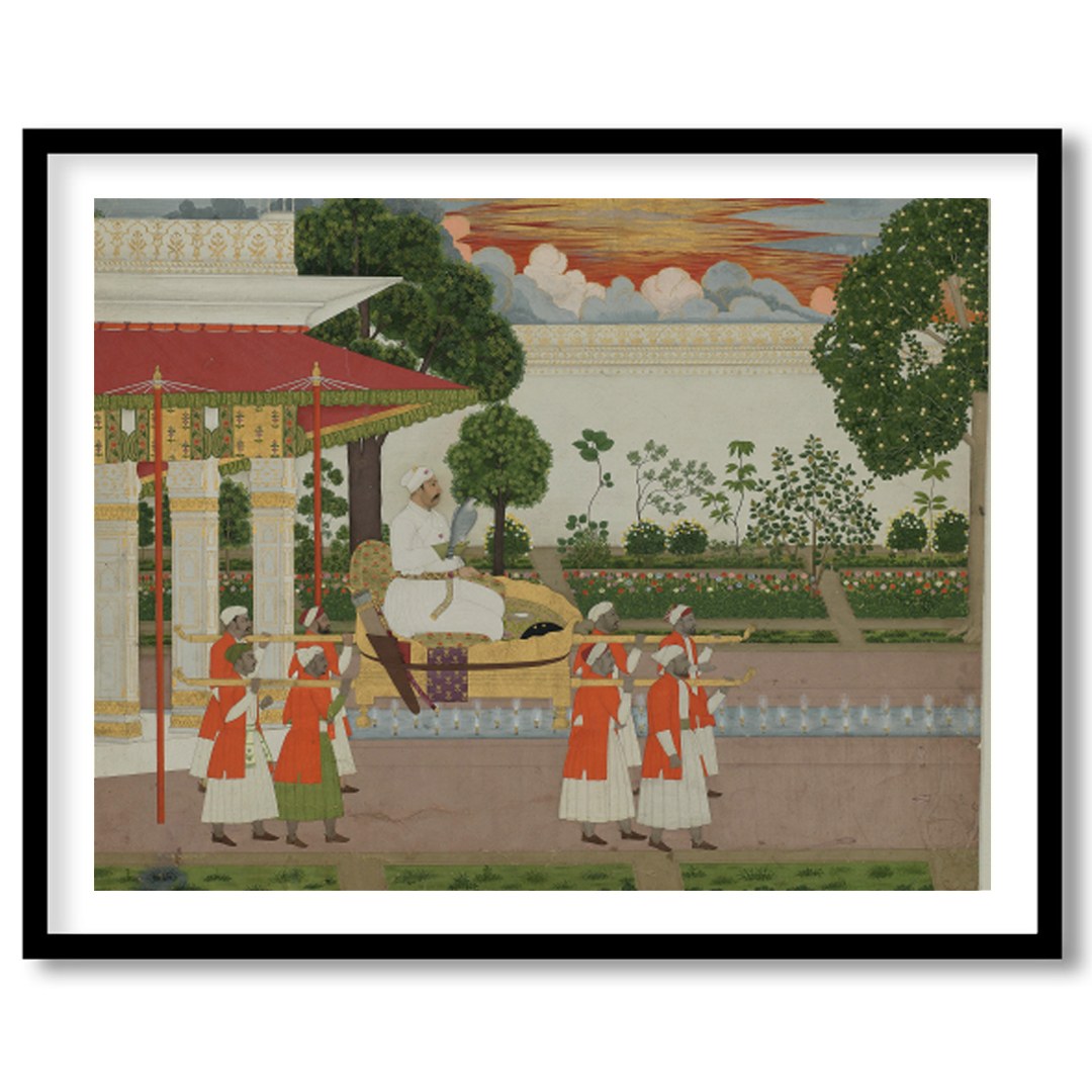 This exquisite piece captures a regal scene from the Mughal era, highlighting the lavish for abode
