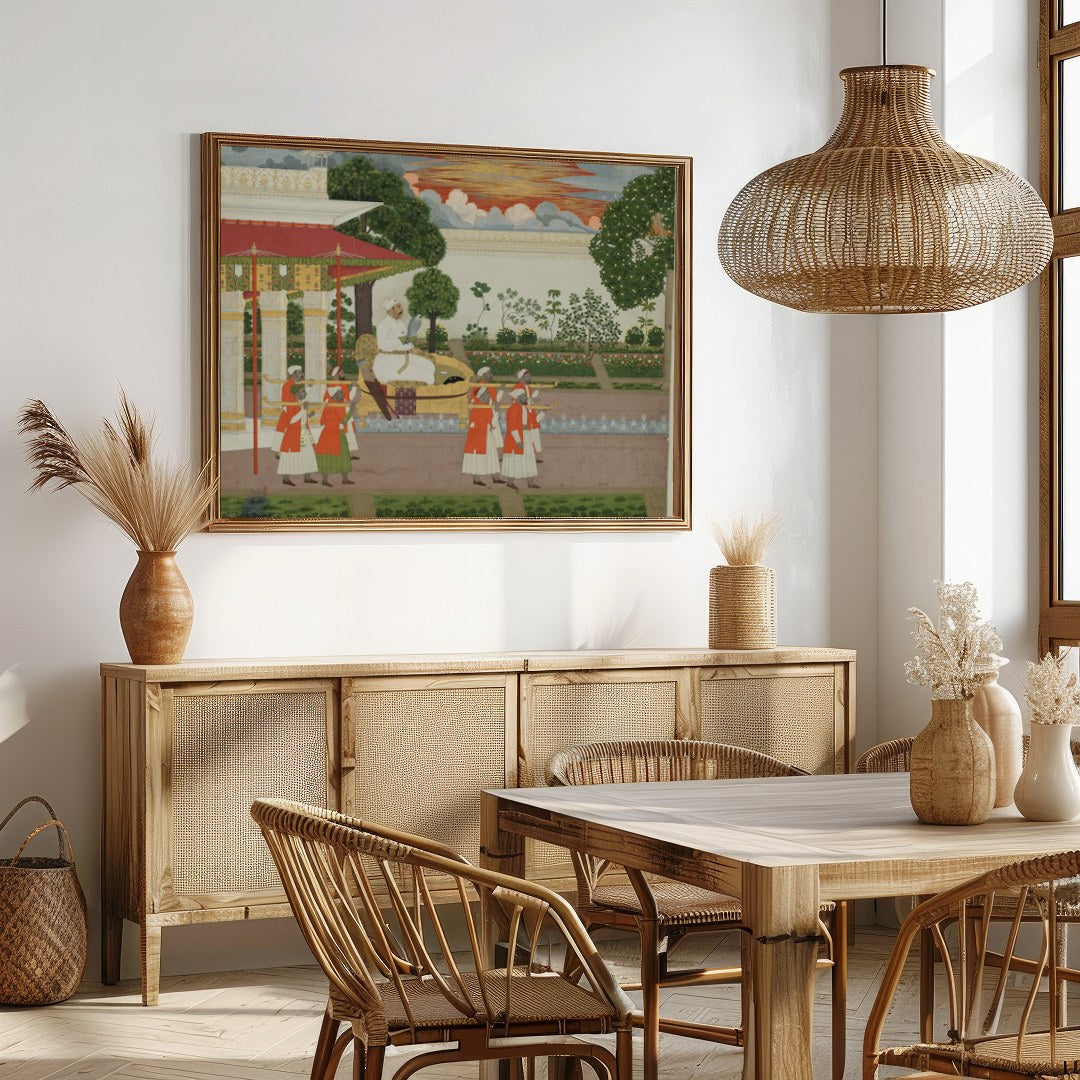 This exquisite piece captures a regal scene from the Mughal era, highlighting the lavish for Dining