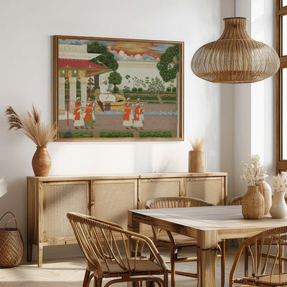 This exquisite piece captures a regal scene from the Mughal era, highlighting the lavish for Dining