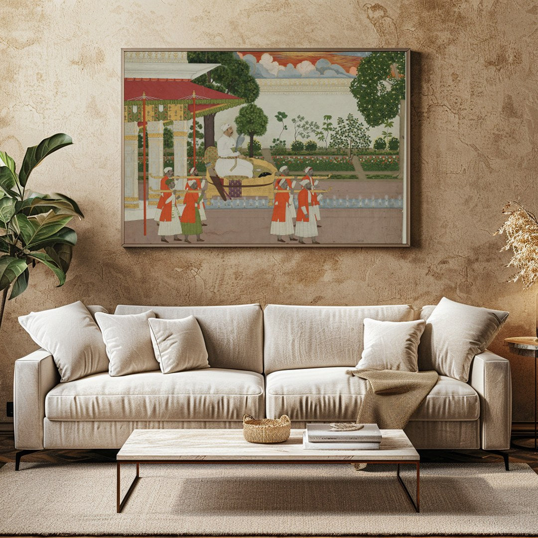 This exquisite piece captures a regal scene from the Mughal era, highlighting the lavish for Family Room