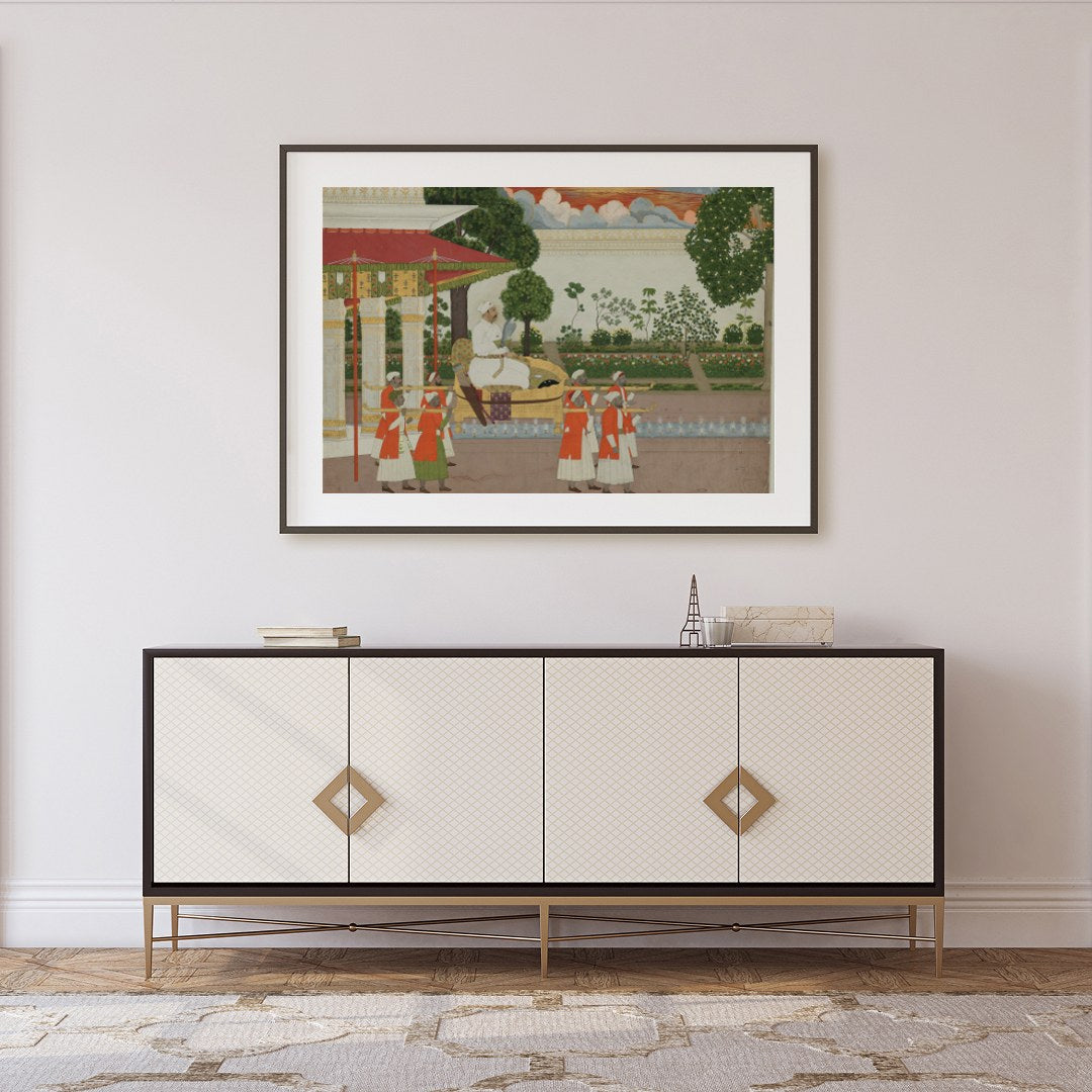 This exquisite piece captures a regal scene from the Mughal era, highlighting the lavish for Foyer