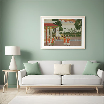 This exquisite piece captures a regal scene from the Mughal era, highlighting the lavish for Hall