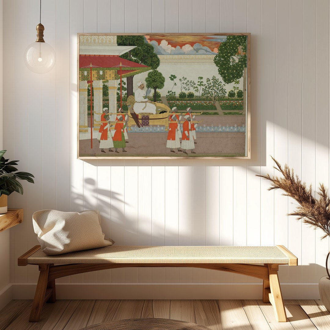 This exquisite piece captures a regal scene from the Mughal era, highlighting the lavish for Hallway