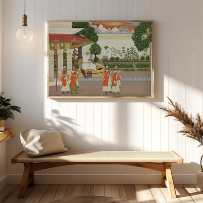 This exquisite piece captures a regal scene from the Mughal era, highlighting the lavish for Hallway
