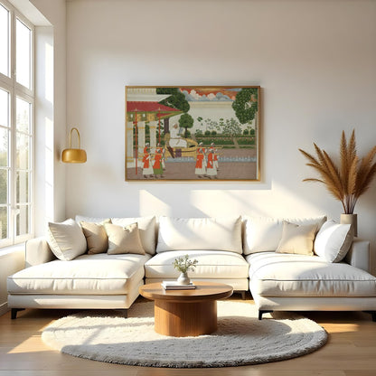 This exquisite piece captures a regal scene from the Mughal era, highlighting the lavish for Living Room