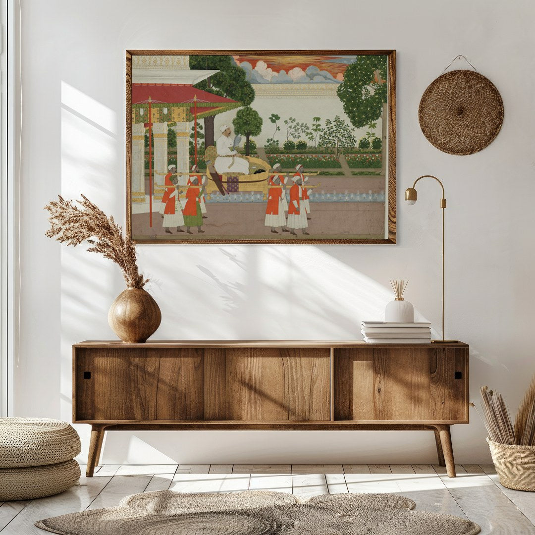 This exquisite piece captures a regal scene from the Mughal era, highlighting the lavish for Sitting Area