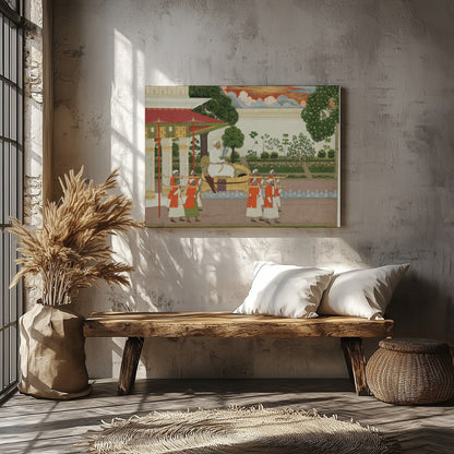 This exquisite piece captures a regal scene from the Mughal era, highlighting the lavish for Veranda