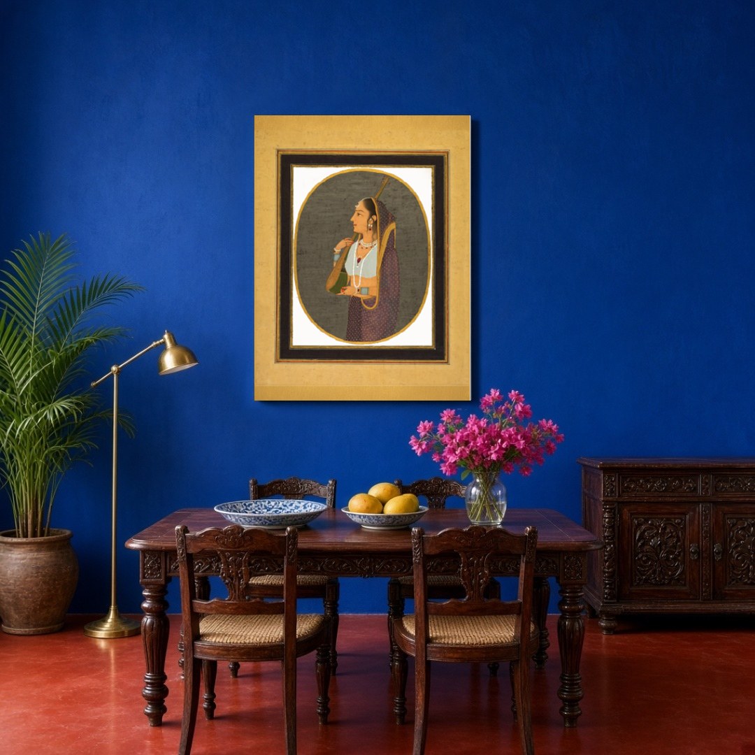 This exquisite art piece captures the elegance of a Mughal-era courtesan poised with her tanpura. for Dining