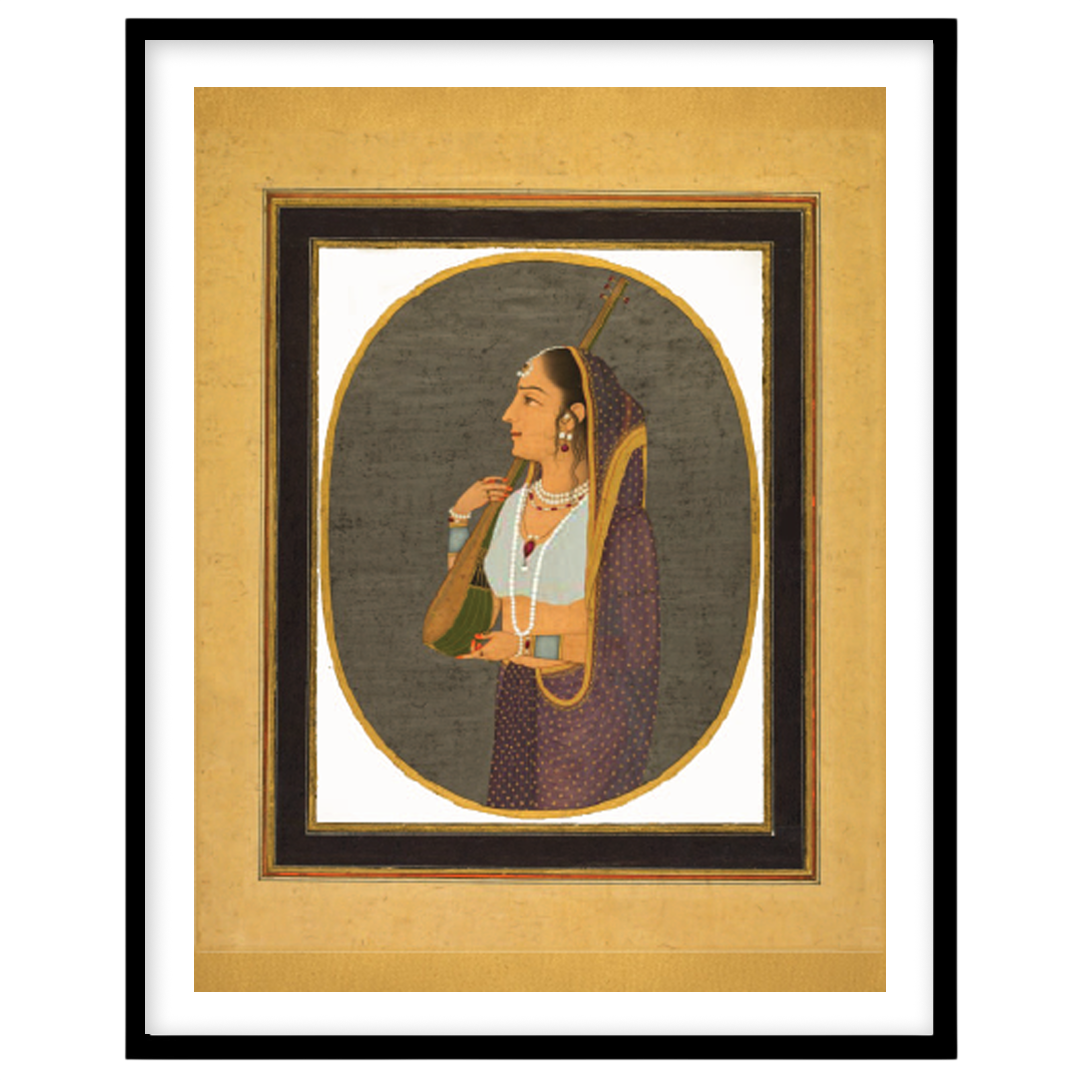 This exquisite art piece captures the elegance of a Mughal-era courtesan poised with her tanpura. for dwelling