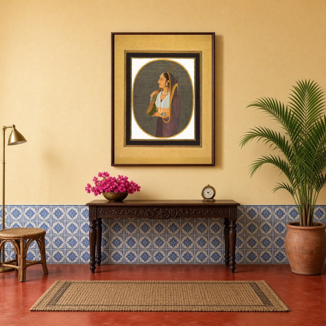 This exquisite art piece captures the elegance of a Mughal-era courtesan poised with her tanpura. for Hallway