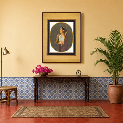 This exquisite art piece captures the elegance of a Mughal-era courtesan poised with her tanpura. for Hallway