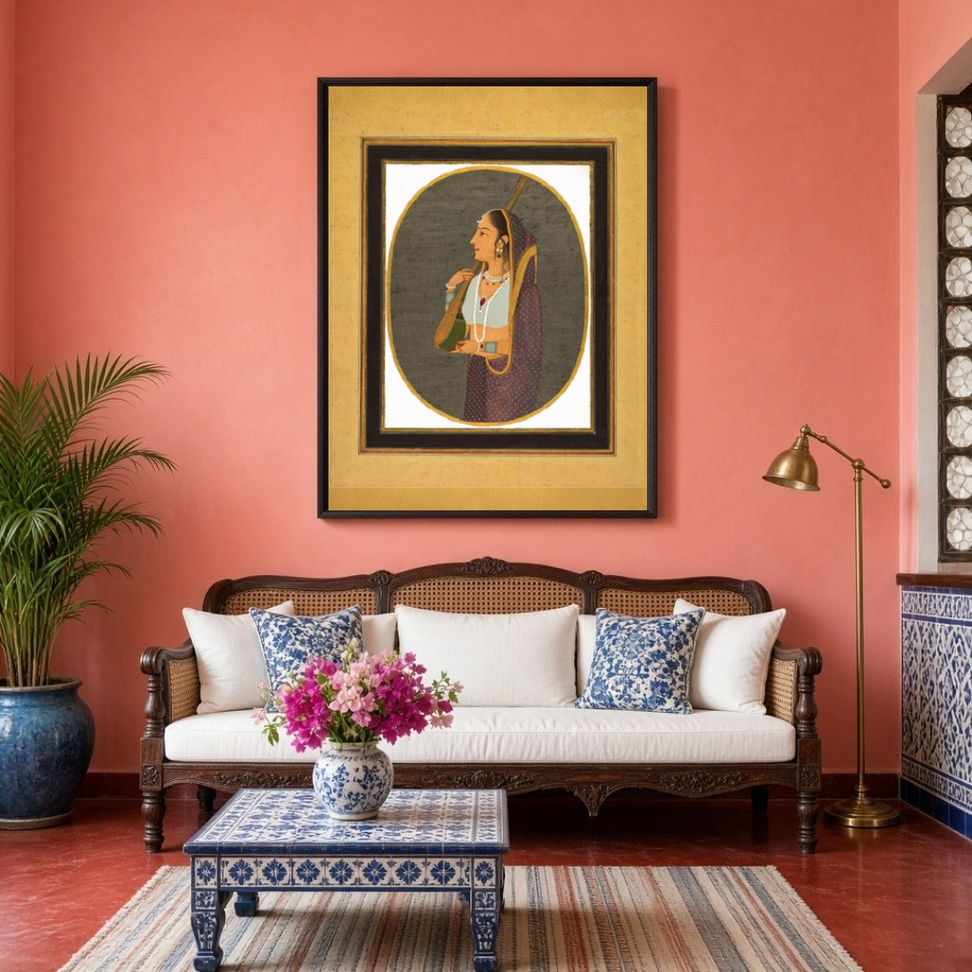 This exquisite art piece captures the elegance of a Mughal-era courtesan poised with her tanpura. for Living Room