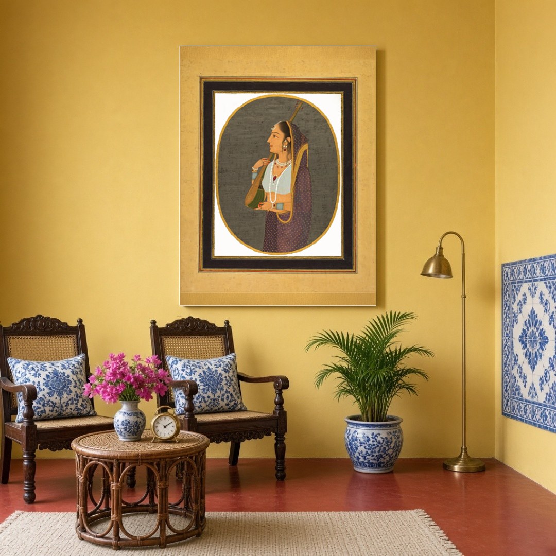 This exquisite art piece captures the elegance of a Mughal-era courtesan poised with her tanpura. for Sitting Area
