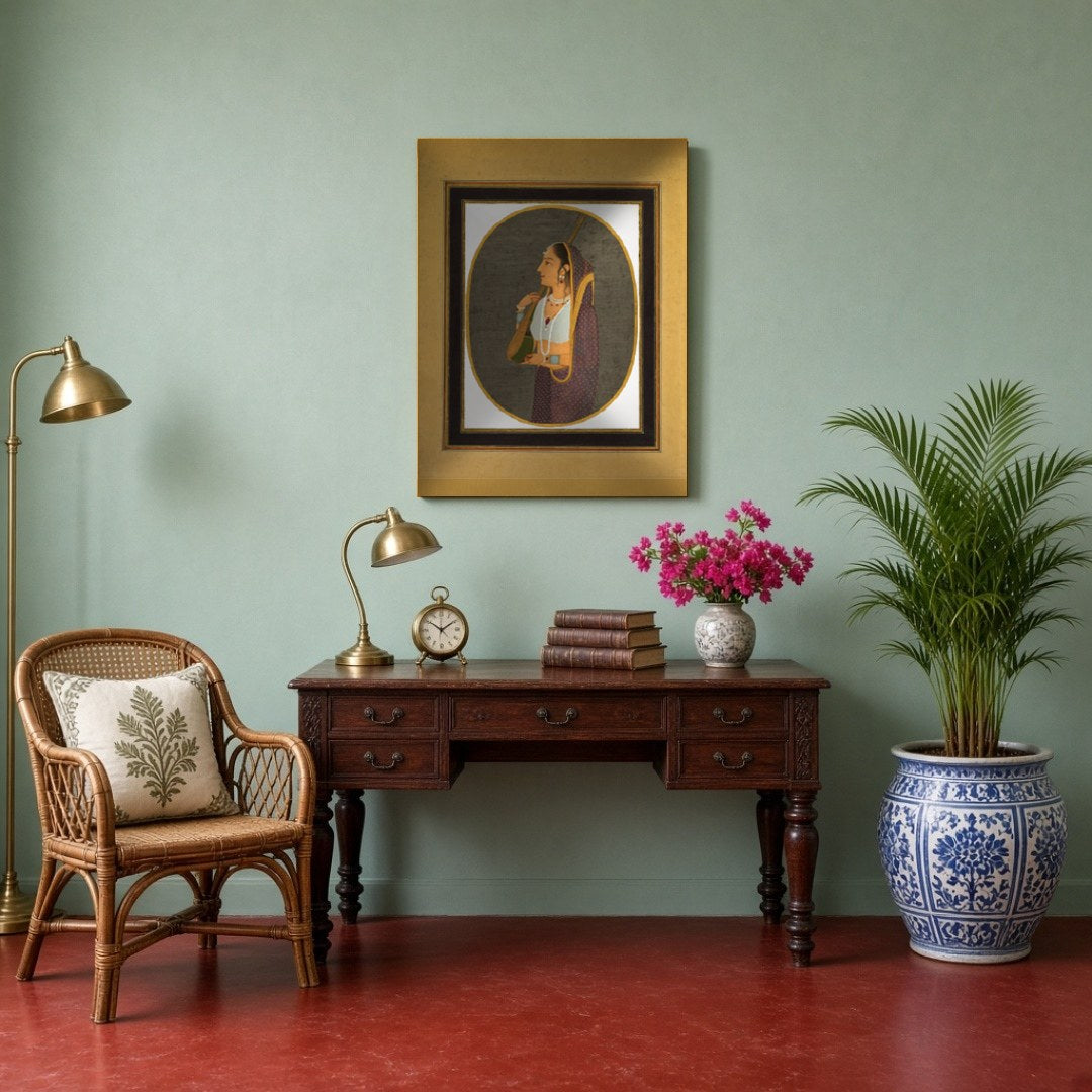 This exquisite art piece captures the elegance of a Mughal-era courtesan poised with her tanpura. for Study