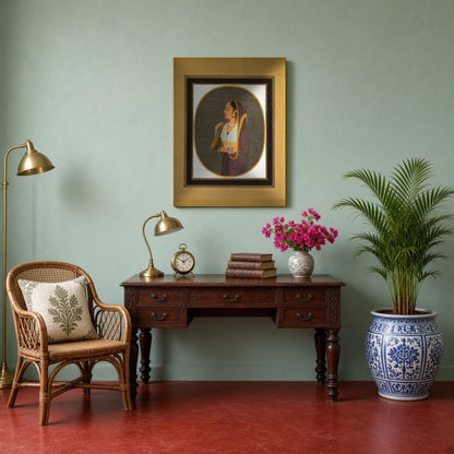 This exquisite art piece captures the elegance of a Mughal-era courtesan poised with her tanpura. for Study
