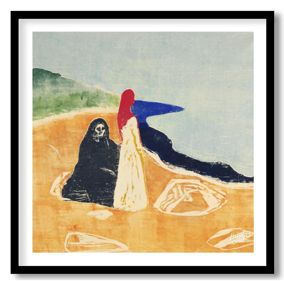 “Two Women on the Shore” by Edvard Munch is a powerful and evocative woodcut that delves into theme… for area