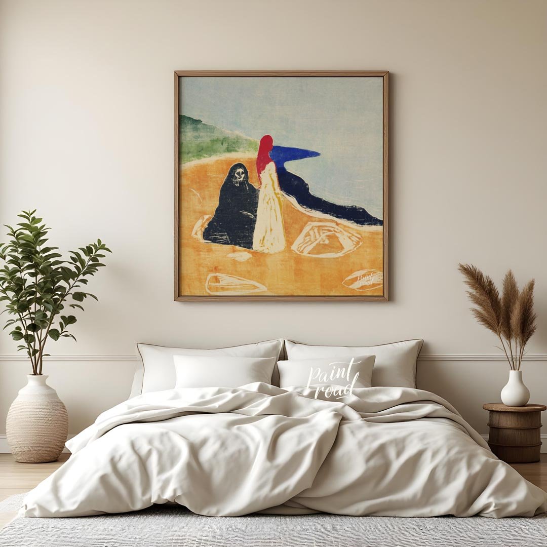 “Two Women on the Shore” by Edvard Munch is a powerful and evocative woodcut that delves into theme… for bedroom