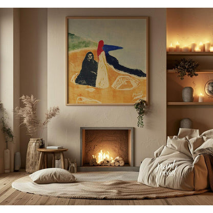 “Two Women on the Shore” by Edvard Munch is a powerful and evocative woodcut that delves into theme… for living room