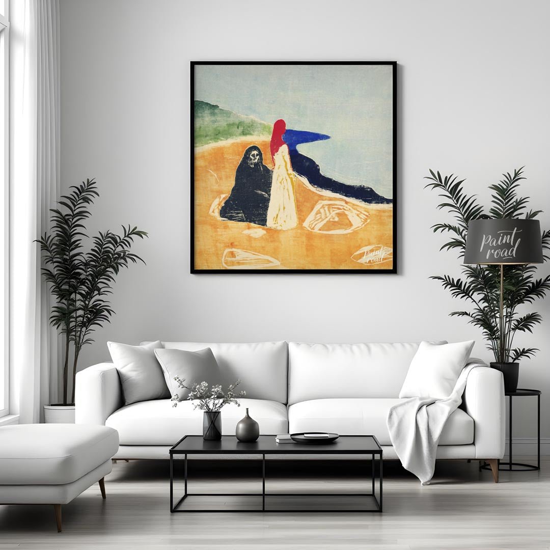 “Two Women on the Shore” by Edvard Munch is a powerful and evocative woodcut that delves into theme… for living room
