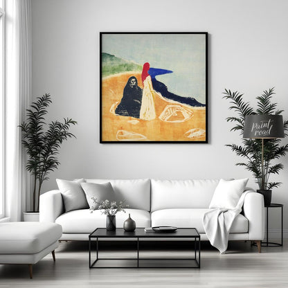 “Two Women on the Shore” by Edvard Munch is a powerful and evocative woodcut that delves into theme… for living room