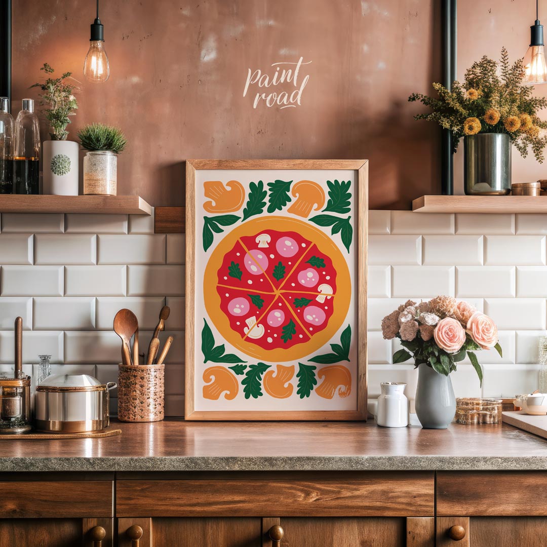 This appetizing illustration presents a beautifully rendered pizza, centrally placed and sliced int… for kitchen