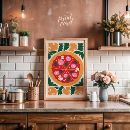 This appetizing illustration presents a beautifully rendered pizza, centrally placed and sliced int… for kitchen