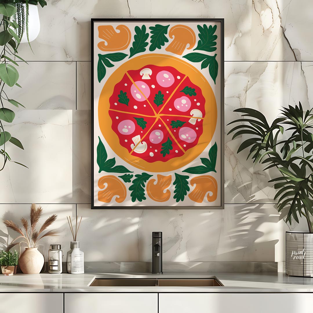 This appetizing illustration presents a beautifully rendered pizza, centrally placed and sliced int… for kitchen