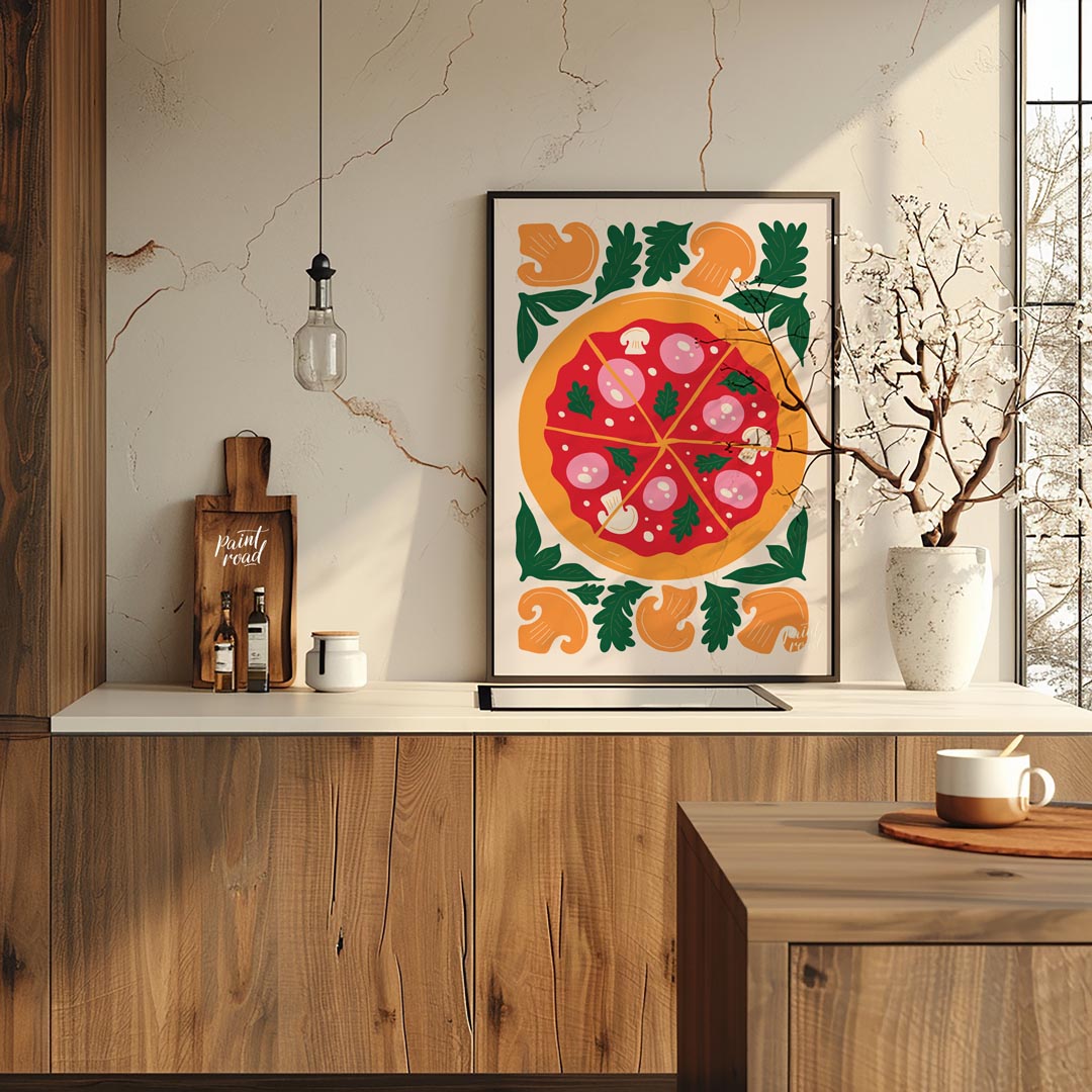 This appetizing illustration presents a beautifully rendered pizza, centrally placed and sliced int… for kitchen