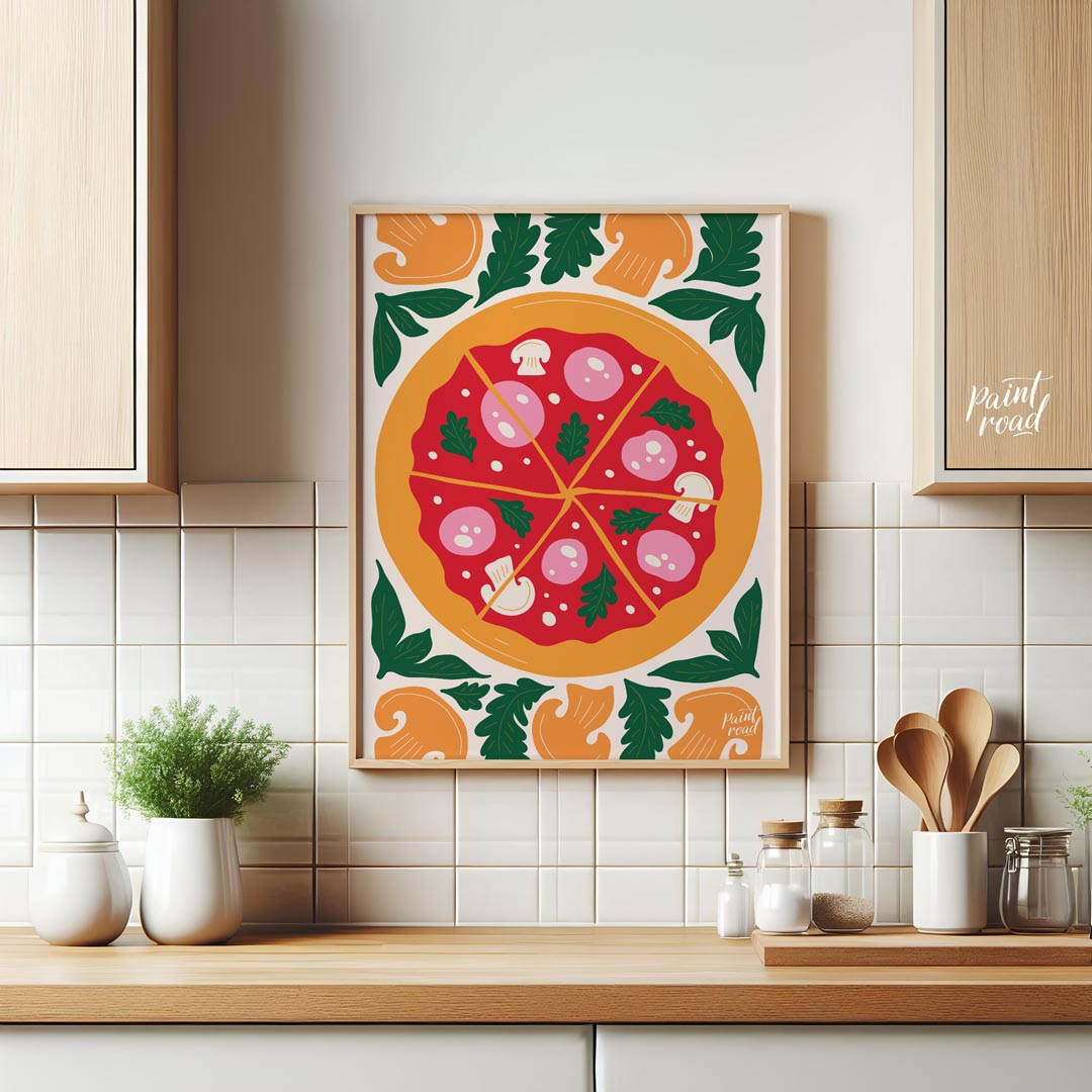 This appetizing illustration presents a beautifully rendered pizza, centrally placed and sliced int… for kitchen