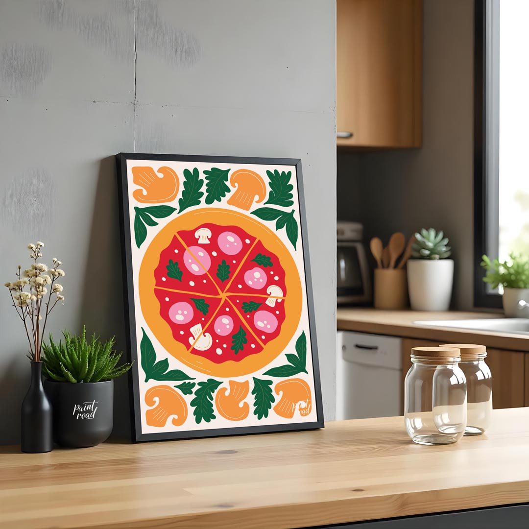 This appetizing illustration presents a beautifully rendered pizza, centrally placed and sliced int… for kitchen