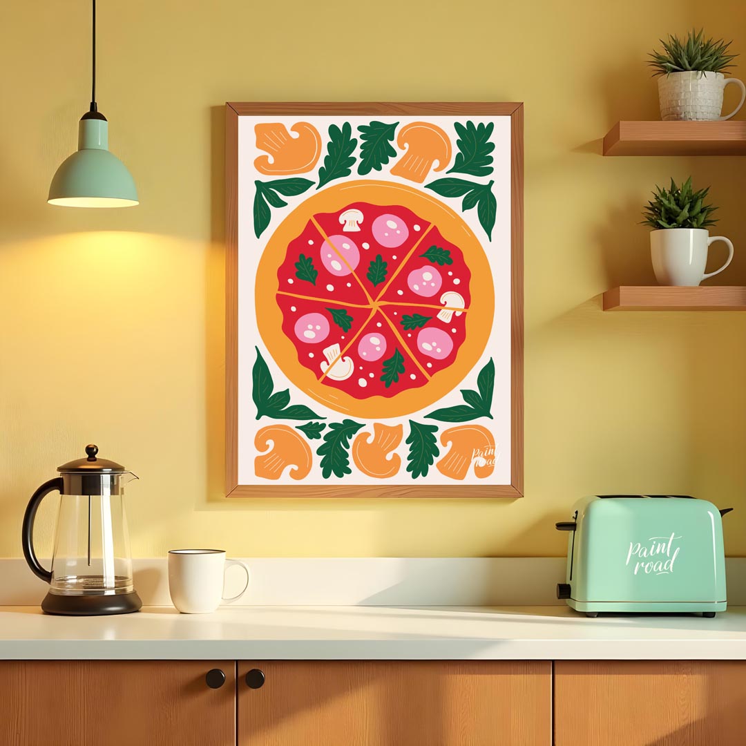 This appetizing illustration presents a beautifully rendered pizza, centrally placed and sliced int… for kitchen