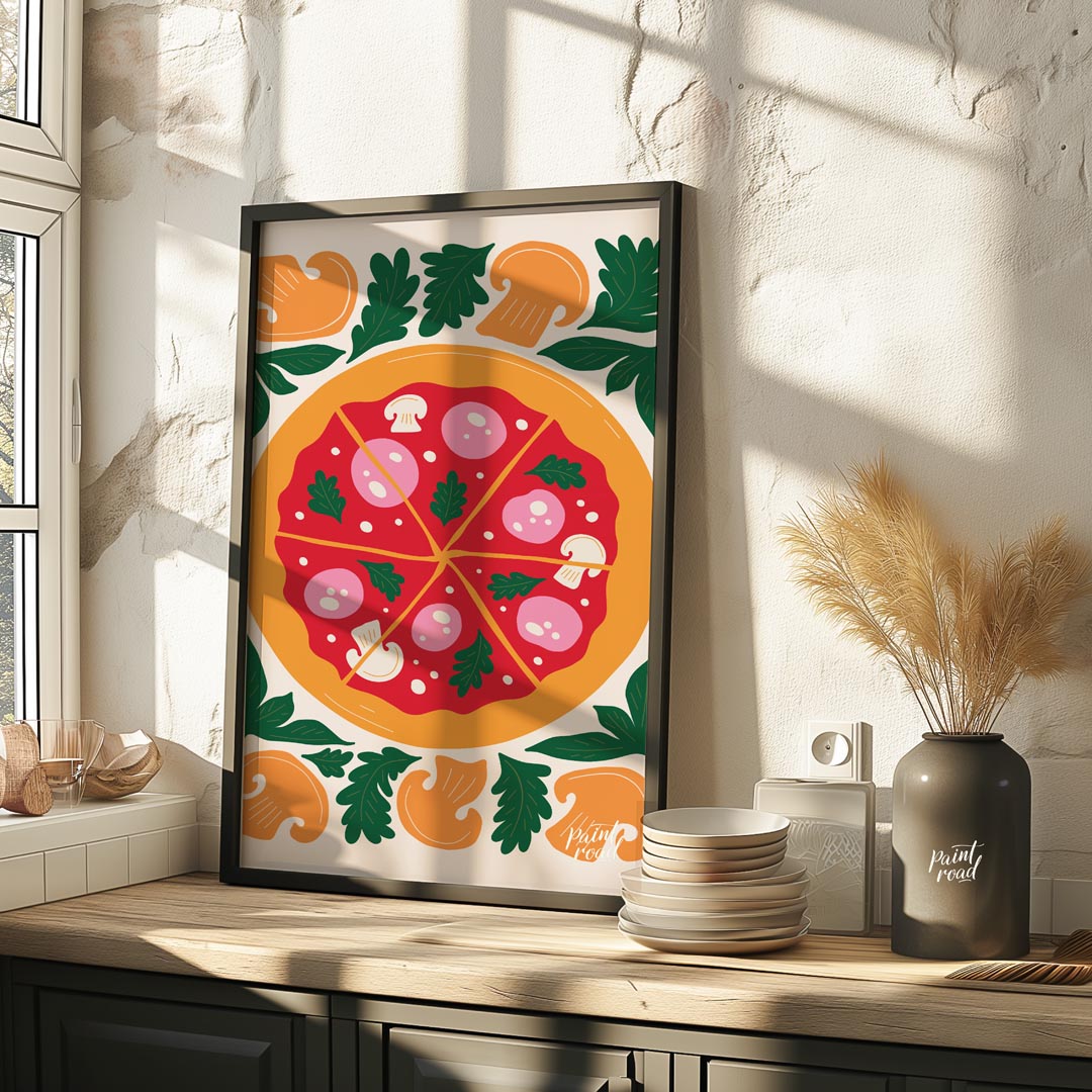 This appetizing illustration presents a beautifully rendered pizza, centrally placed and sliced int… for kitchen