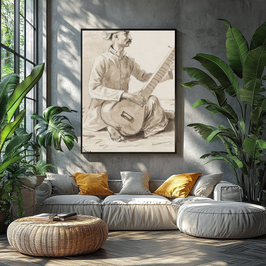 This exquisite charcoal drawing captures a seated musician engrossed in playing the sitar. The for Balcony