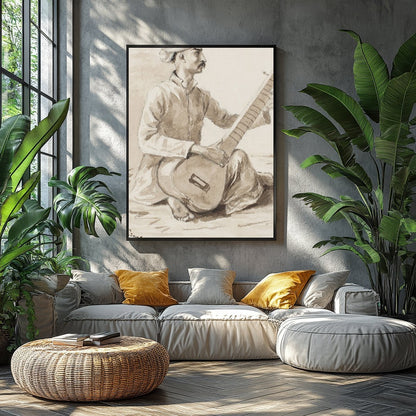 This exquisite charcoal drawing captures a seated musician engrossed in playing the sitar. The for Balcony