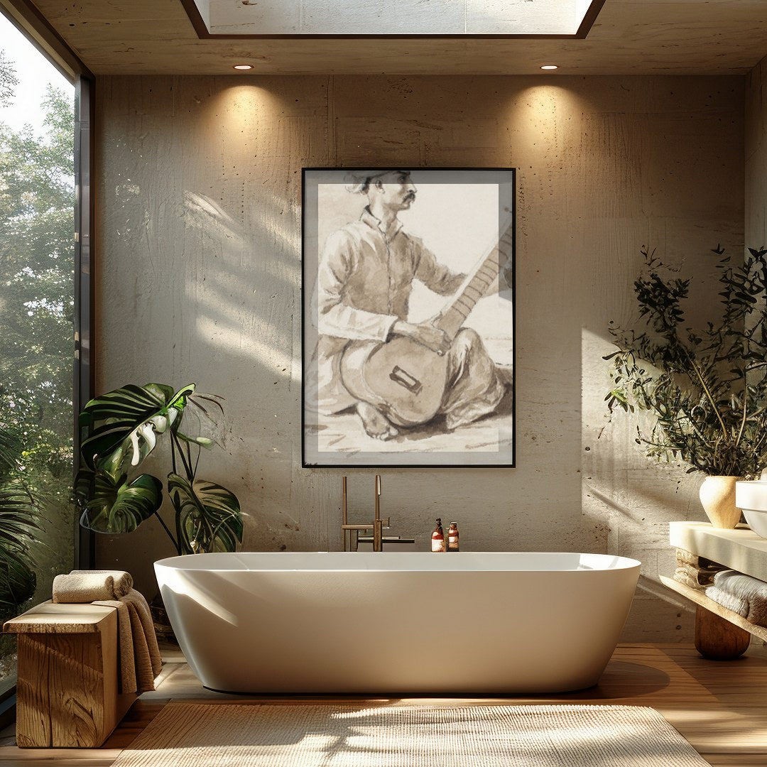 This exquisite charcoal drawing captures a seated musician engrossed in playing the sitar. The for Bathroom