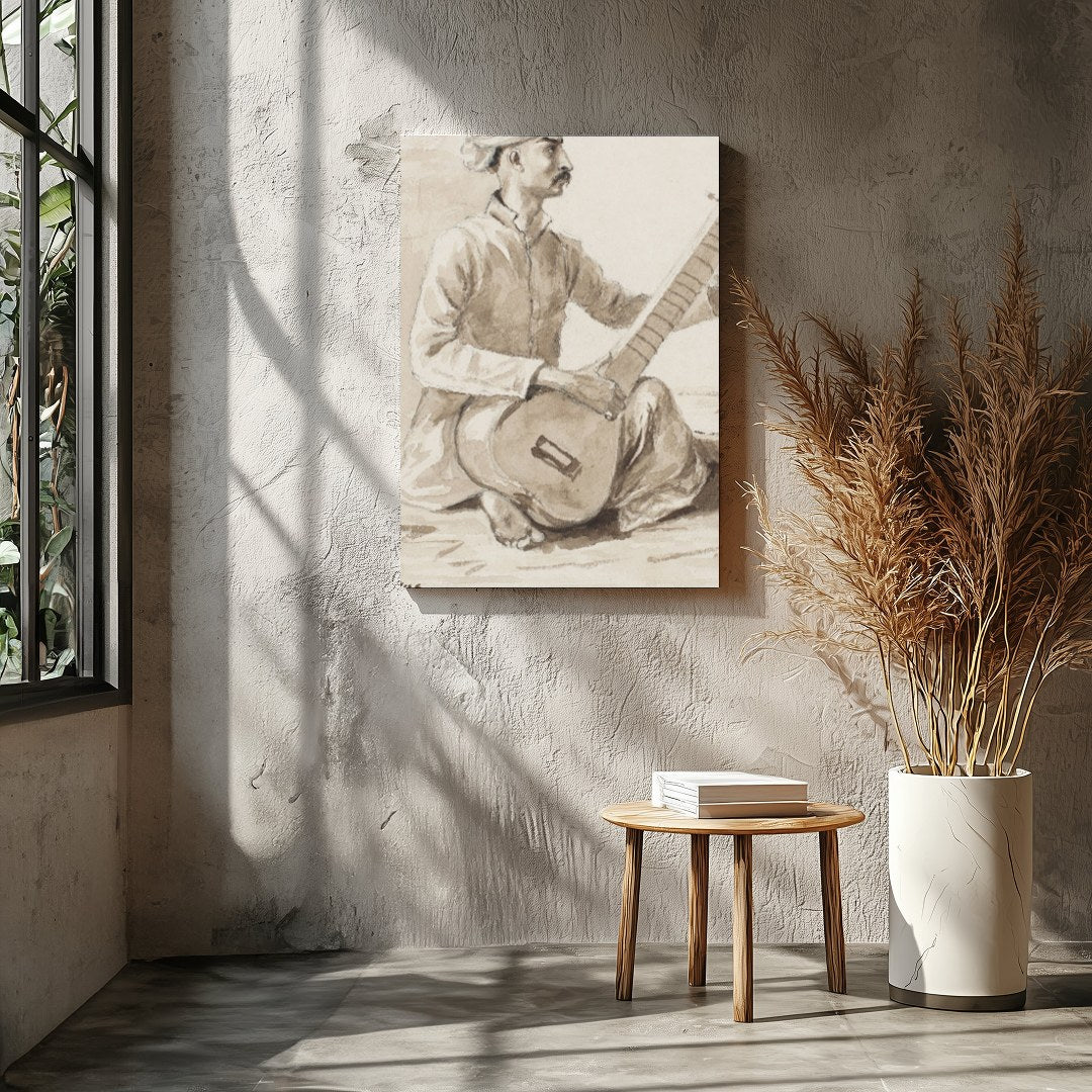 This exquisite charcoal drawing captures a seated musician engrossed in playing the sitar. The for Entrance