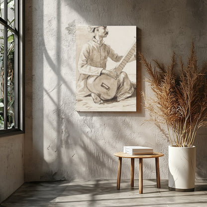 This exquisite charcoal drawing captures a seated musician engrossed in playing the sitar. The for Entrance