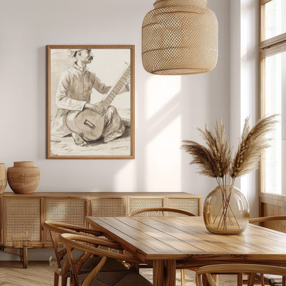 This exquisite charcoal drawing captures a seated musician engrossed in playing the sitar. The for Extra Kitchen