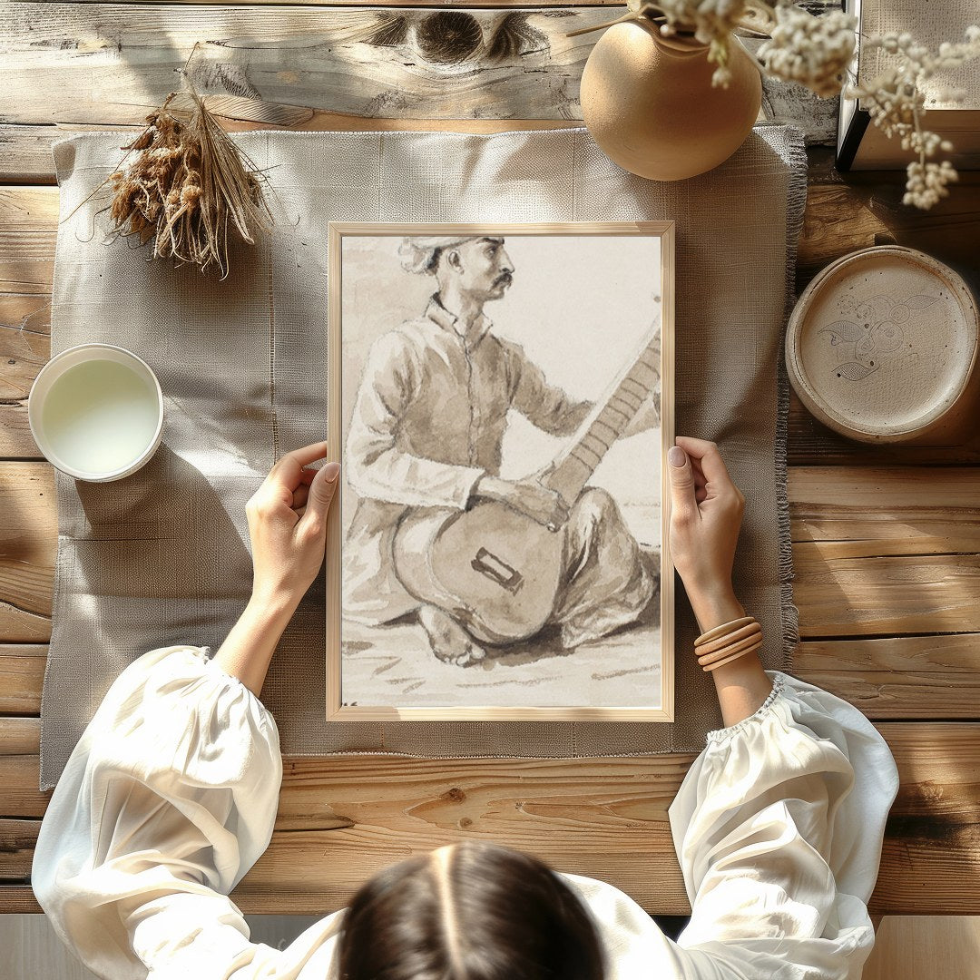 This exquisite charcoal drawing captures a seated musician engrossed in playing the sitar. The for Kitchen