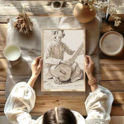 This exquisite charcoal drawing captures a seated musician engrossed in playing the sitar. The for Kitchen