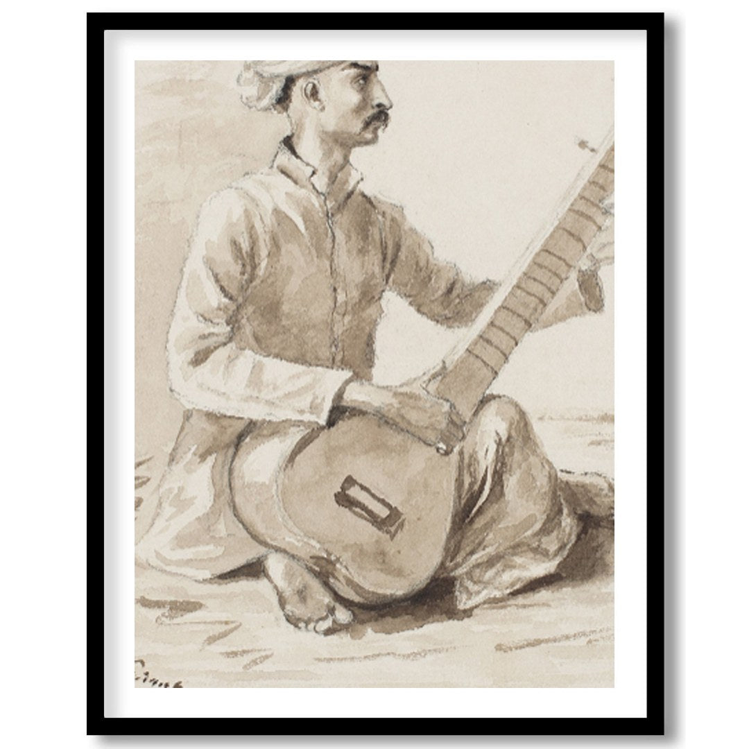 This exquisite charcoal drawing captures a seated musician engrossed in playing the sitar. The for room