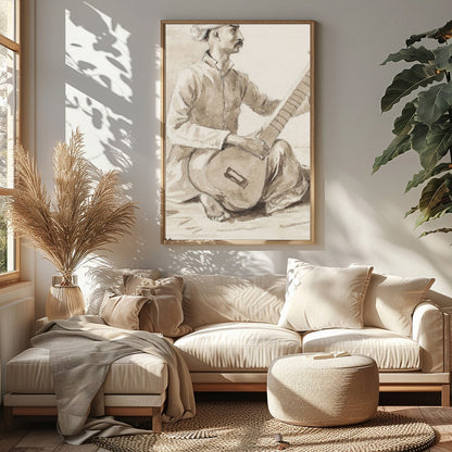 This exquisite charcoal drawing captures a seated musician engrossed in playing the sitar. The for Sitting Area