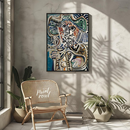 This powerful and highly energetic painting by Pablo Picasso, commonly recognized as a “Musketeer w… for other