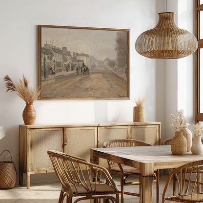This captivating artwork presents a serene street scene painted in gentle pastel tones. With its for Dining