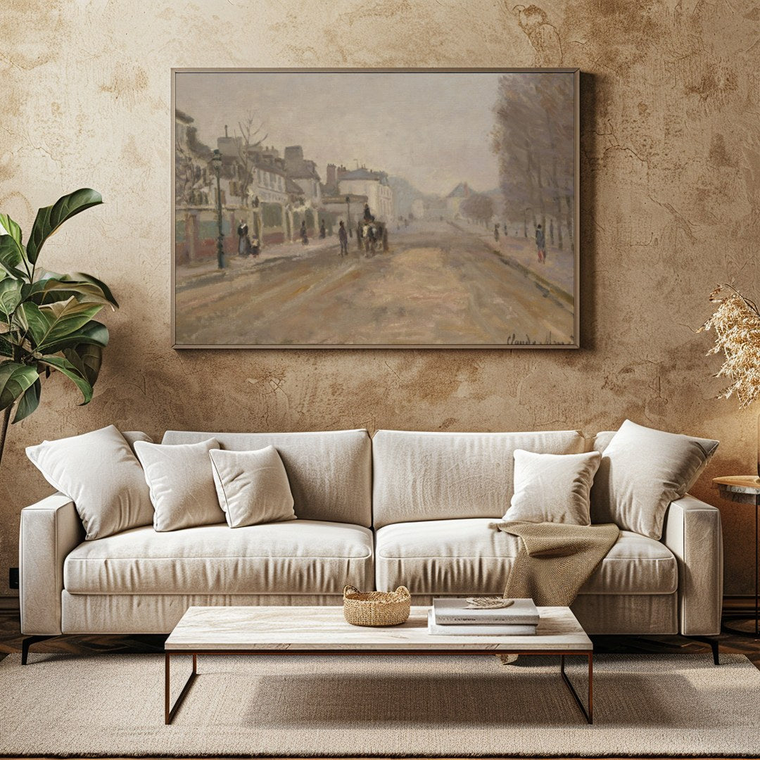 This captivating artwork presents a serene street scene painted in gentle pastel tones. With its for Family Room